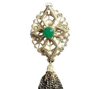 Vintage Sarah Coventry Brooch Pendant Faux Jade Gold Tone Filagree Tassel Signed